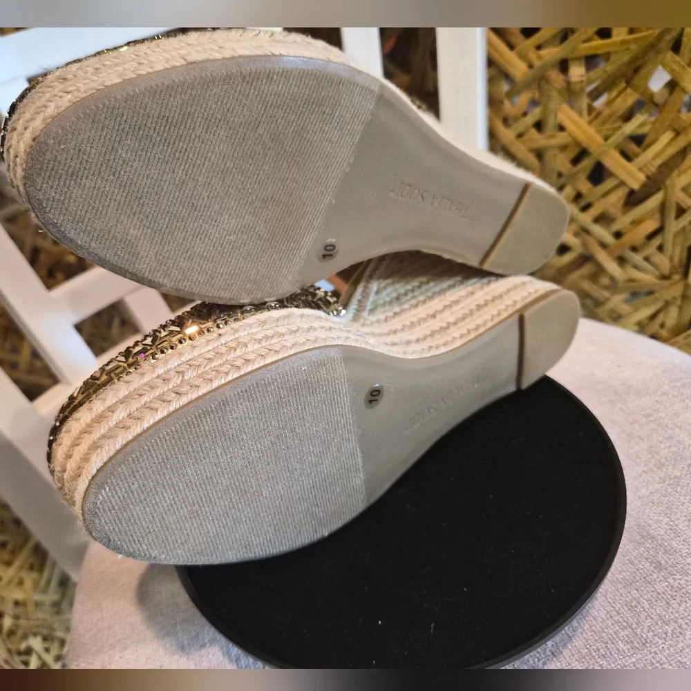 Gold Embellished Espadrille Wedge Sandal with Ankle Strap